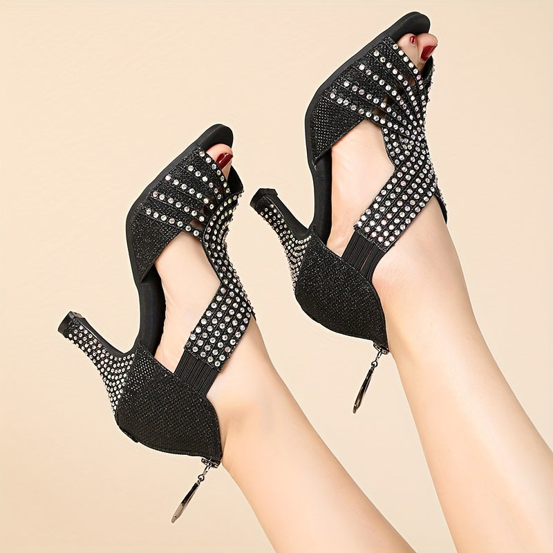 Black Color Rhinestone High Heels, Sexy Beautiful Fashion Women's Shoes, Sandals, Dance Shoes, Latin Dance Shoes For Music Festival