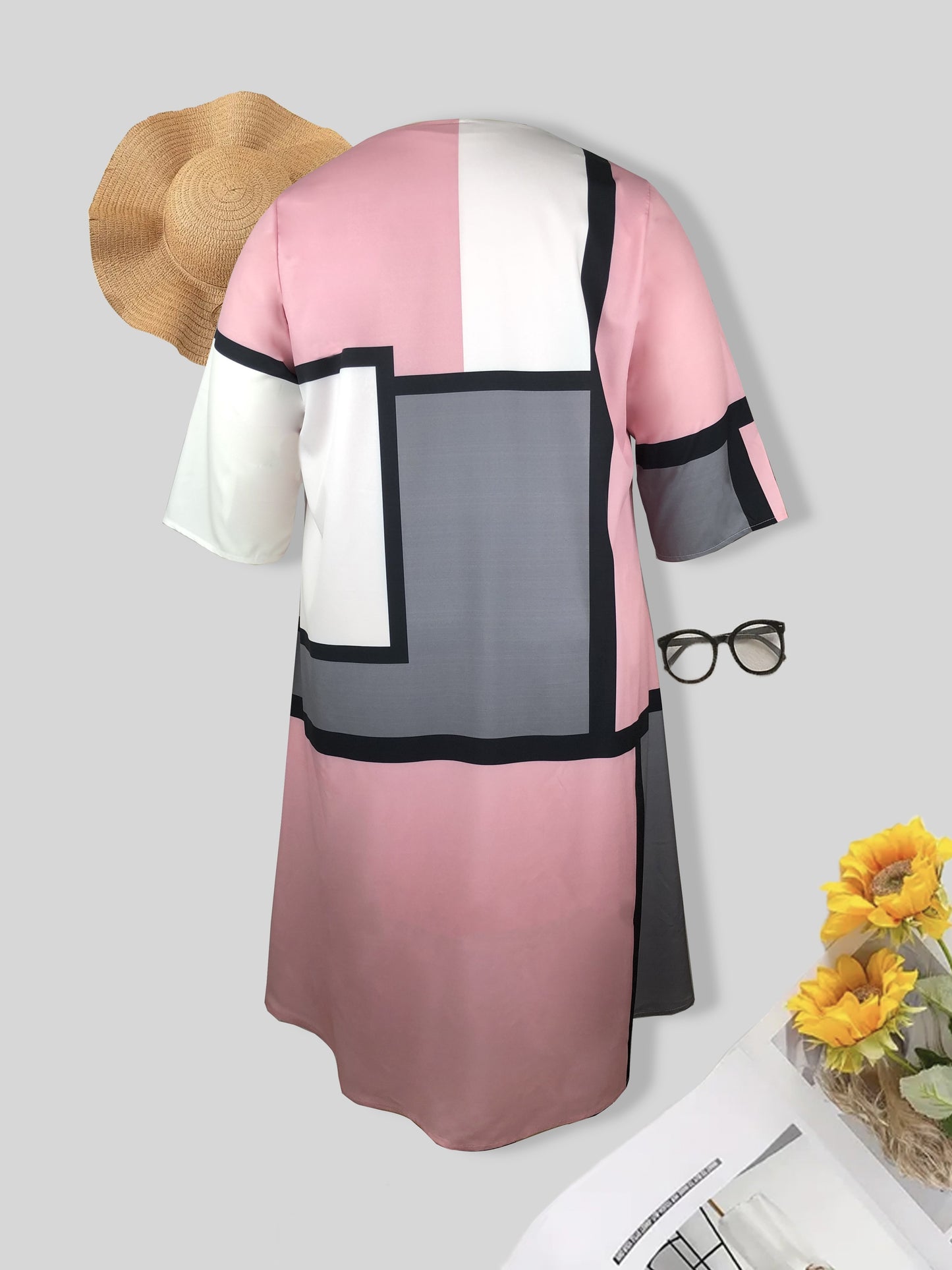 Plus Size Geometric Print Two-piece Dress Set, Crew Neck Tank Dress & 3/4 Sleeve Open Front Top Outfits, Women's Plus Size Clothing