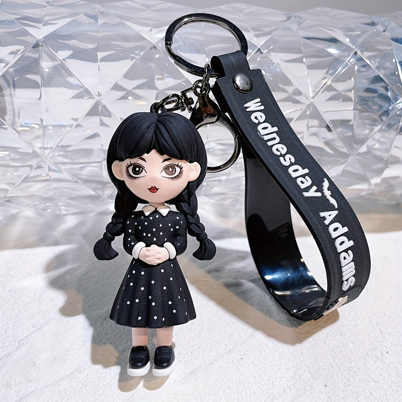 Wednesday Addams-Inspired Keychain, Doll Figure Accessory, Black With Polka Dots, Durable PVC Material, Perfect For Handbags And Party