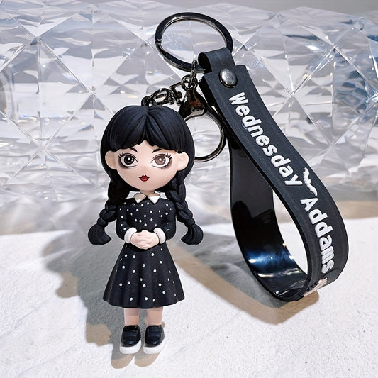 Wednesday Addams-Inspired Keychain, Doll Figure Accessory, Black With Polka Dots, Durable PVC Material, Perfect For Handbags And Party