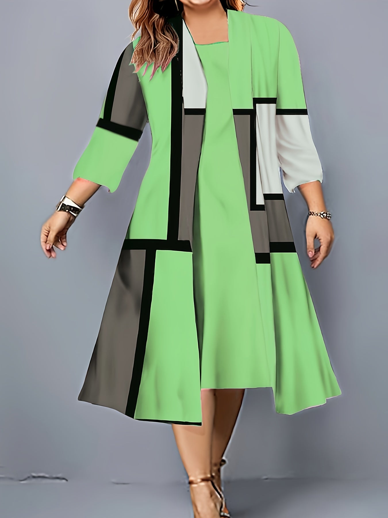 Plus Size Geometric Print Two-piece Dress Set, Crew Neck Tank Dress & 3/4 Sleeve Open Front Top Outfits, Women's Plus Size Clothing
