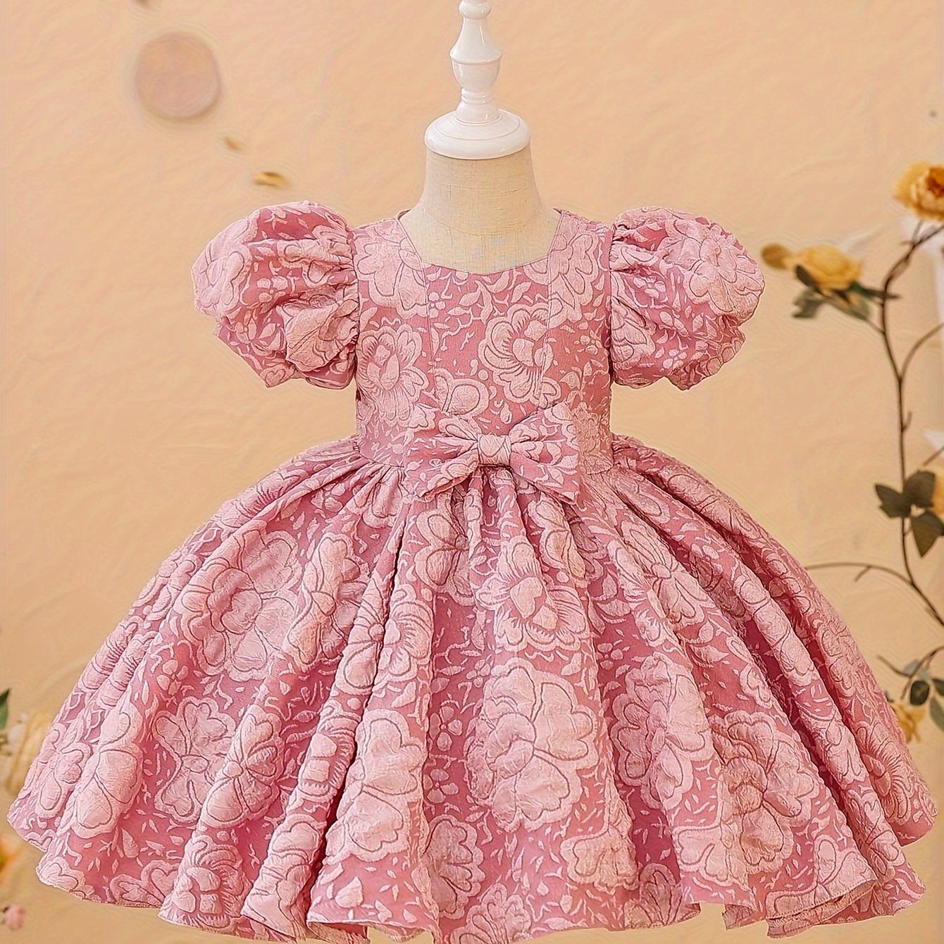 Elegant V-Neck Princess Dress for Girls - All-Season, Lantern Sleeves, Flared Hem & Cute Bow, Perfect for Parties, Pageants & Birthdays