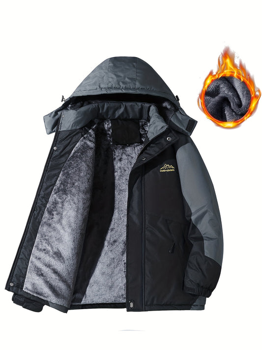 Men'S Casual Color Block Thick Hooded Jacket, Windproof Single-Layer Fleece Jacket for Fall Winter Jacket Gifts