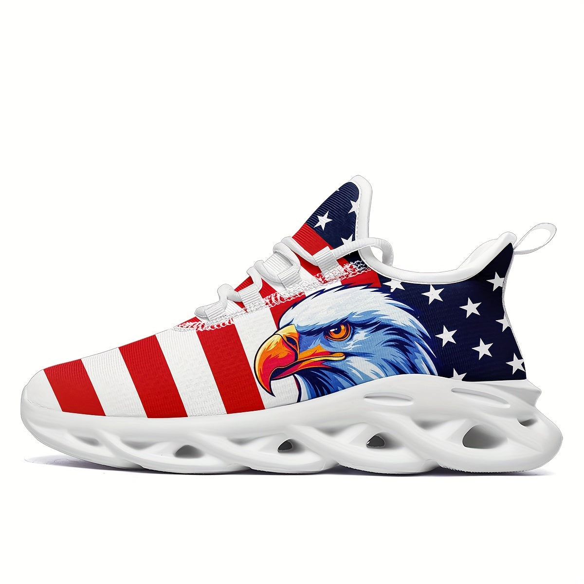 Women's American Flag & Eagle Patriotic Sneakers - Red White &  Low-Top Sneakers with Arch, Cushioned Sole, All-Season Comfort - Ideal for Casual, Sports & 4th of July Events - Breathable Mesh & Lace-Up Closure - Lightweight