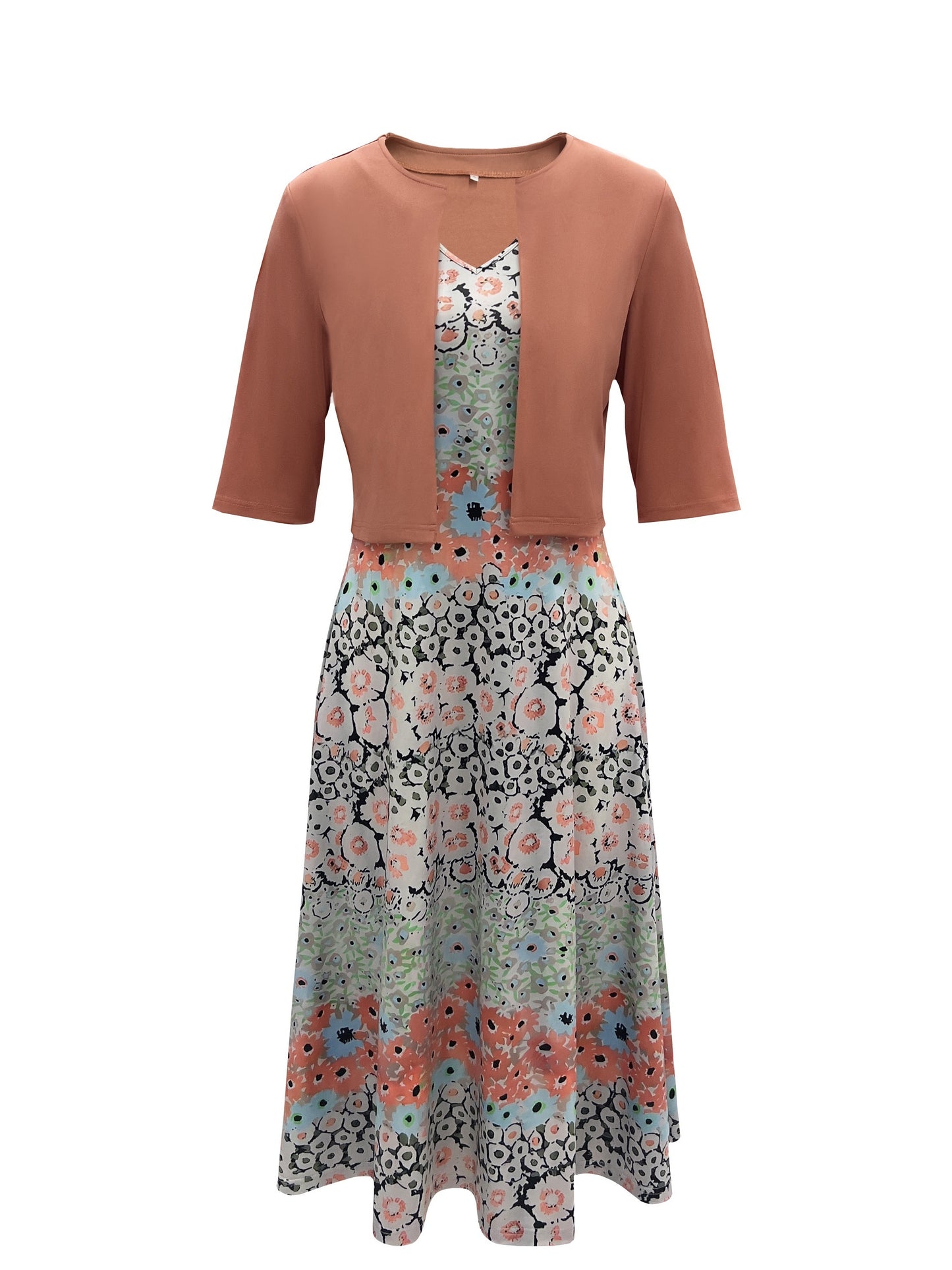 Floral Print Two-piece Dress Set, V Neck Tank Top & Half Sleeve Crop Cardigan Outfits, Women's Clothing