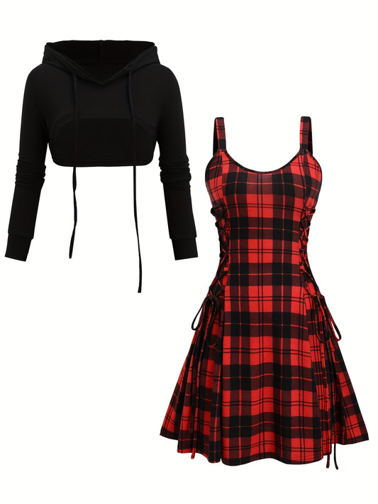 Casual Vintage Plaid Digital Print Long-Sleeve Two-Piece Dress.