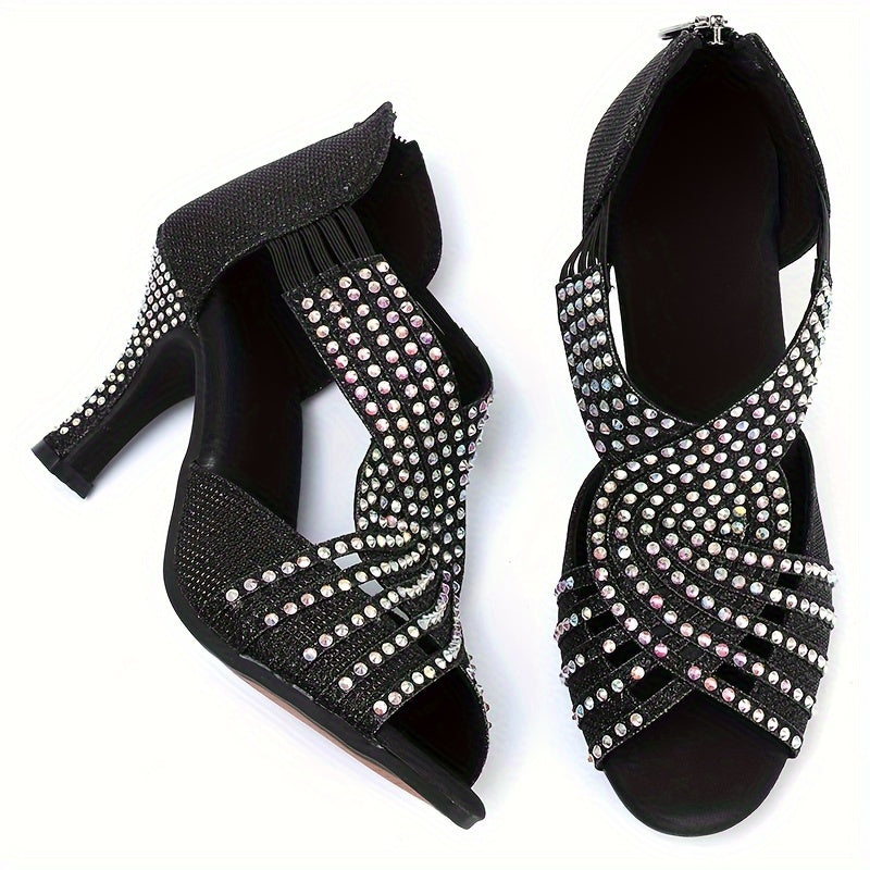Black Color Rhinestone High Heels, Sexy Beautiful Fashion Women's Shoes, Sandals, Dance Shoes, Latin Dance Shoes For Music Festival