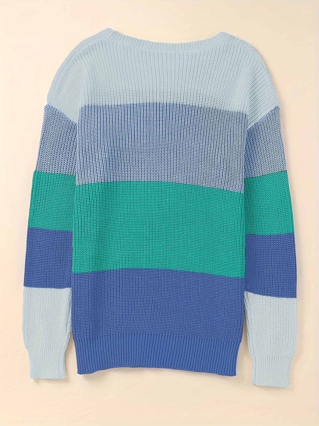 Striped Pattern Knitwear Tops, Crew Neck Long Sleeve Pullover Sweaters, Color Block Shirts, Women's Clothing