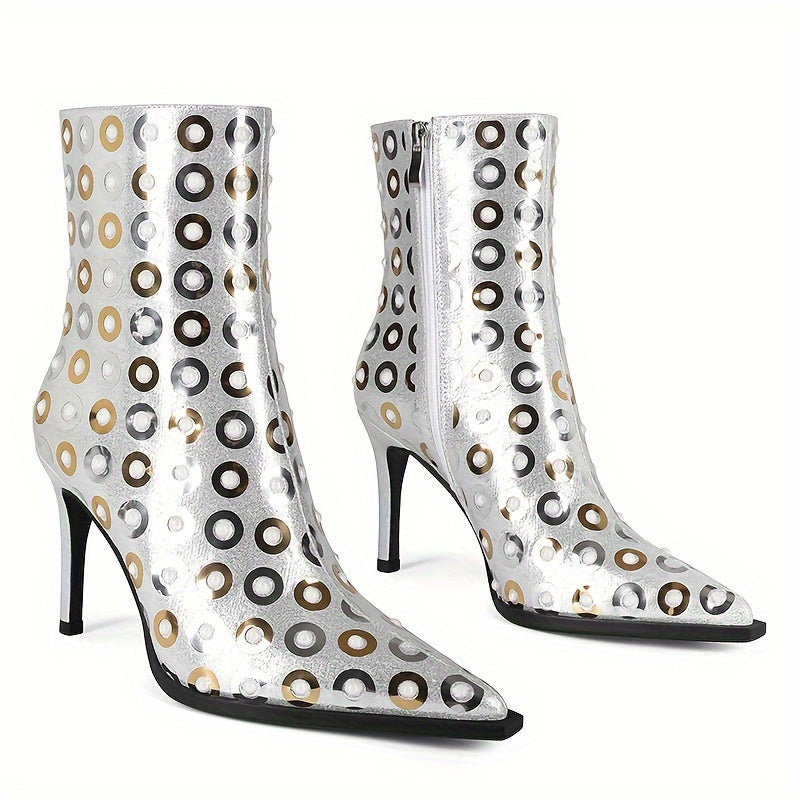 2025 Fashion Women's Shoes Pointed Toe Thin High Heel Short Boots Sequin Classic Silvery Fabric Colorful Sequins