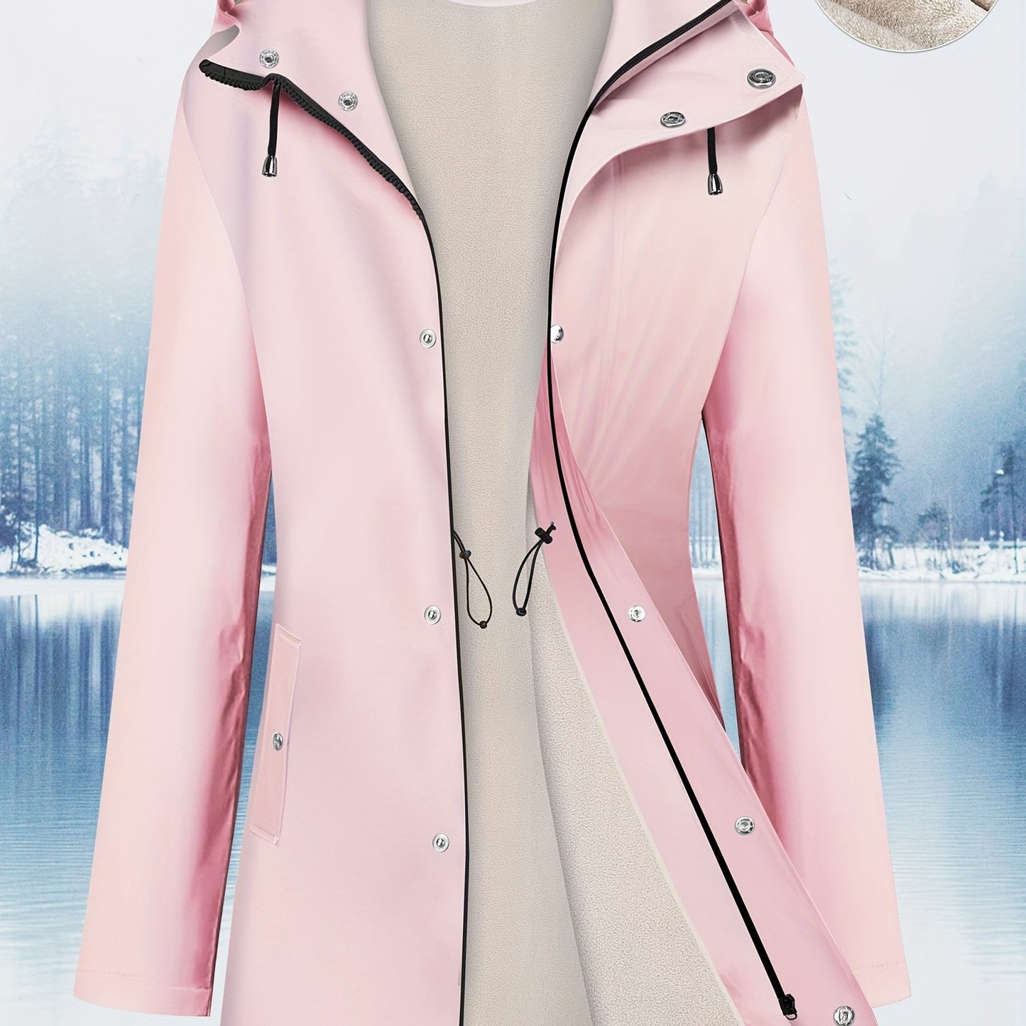 Women's Winter Jacket Raincoat With Fleece Lining, Casual Style, Waterproof, Adjustable Cuffs & Drawstring Waist, Thermal Reflective Fabric, Breathable Hooded Outerwear