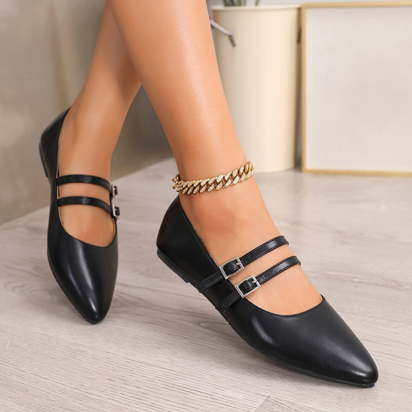 Pointed Red Single Shoes for Women Mary Jane Flat Versatile Retro Soft Cover with One-Word Buckle and Airy Choker Light Mouth Golden French Women's Shoes
