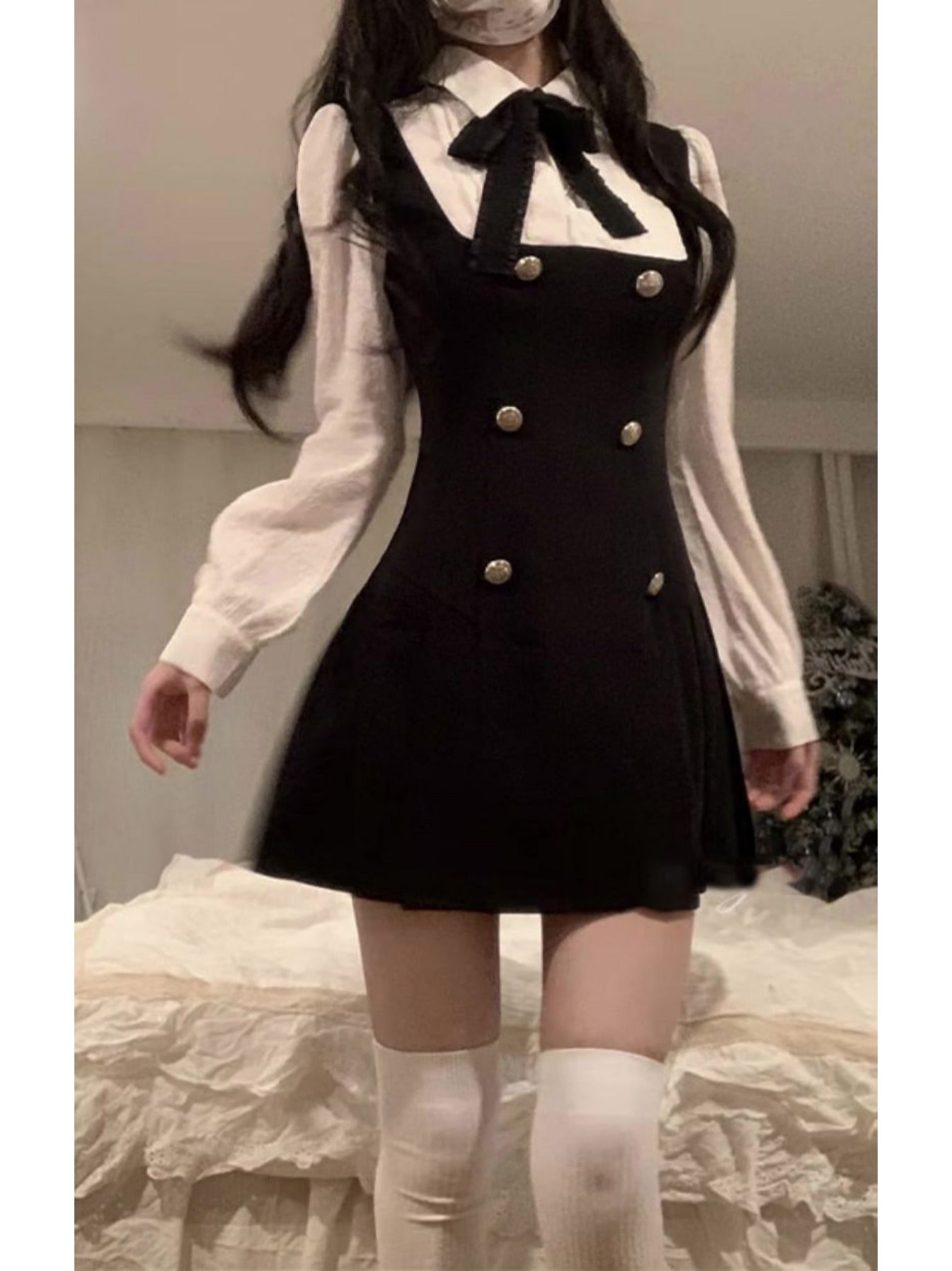 An elegant double-breasted A-line hem color clashing fake two-piece dress, bow tie neckline long-sleeved shirt dress, the fabric is comfortable, suitable for spring and autumn daily wear for various occasions, Women's clothin
