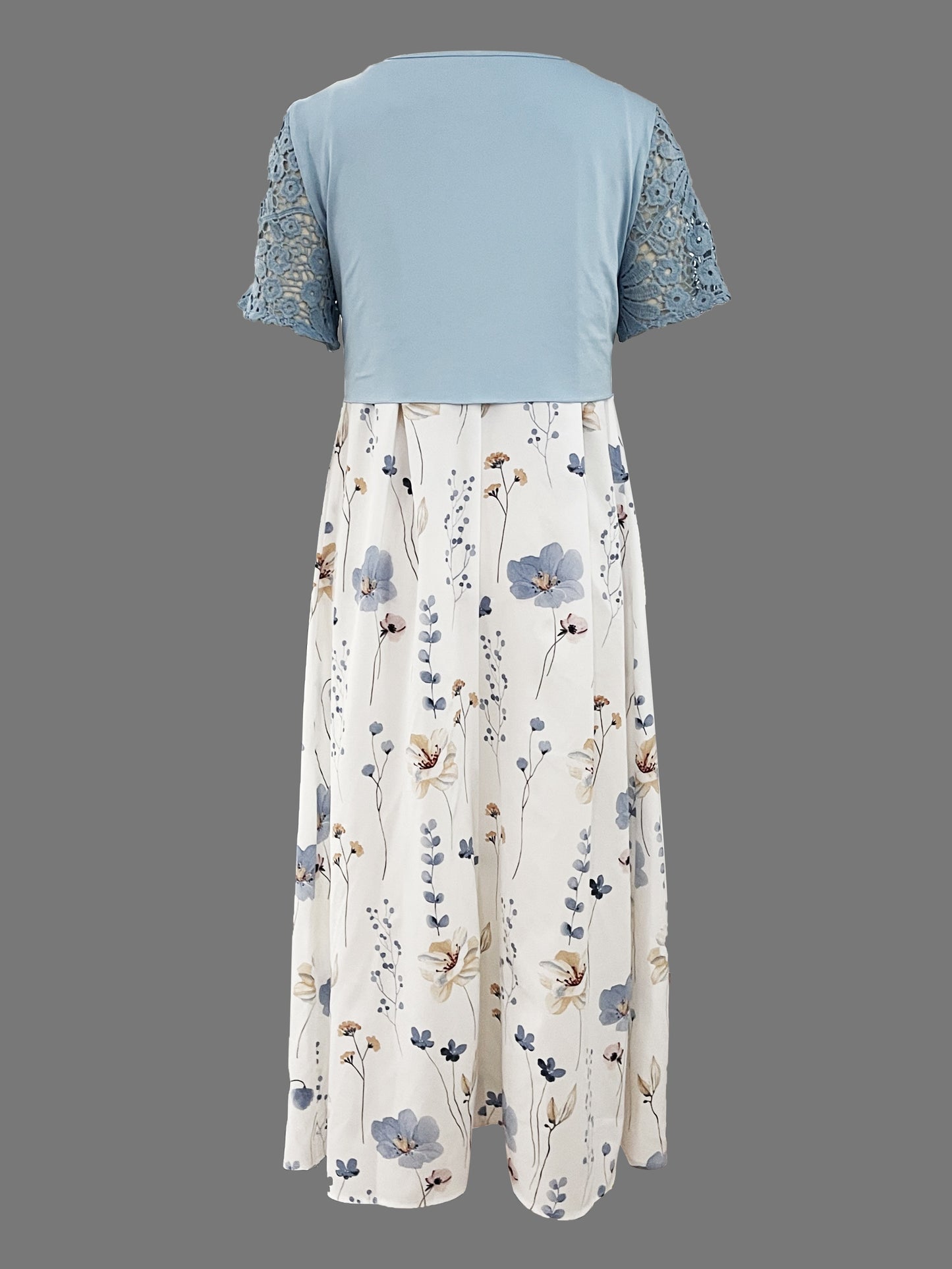 Casual Slim Two-piece Dress Set, Solid Contrast Lace Short Sleeve Knotted Front Top & Floral Print Sleeveless Crew Neck Dress Outfits, Women's Clothing