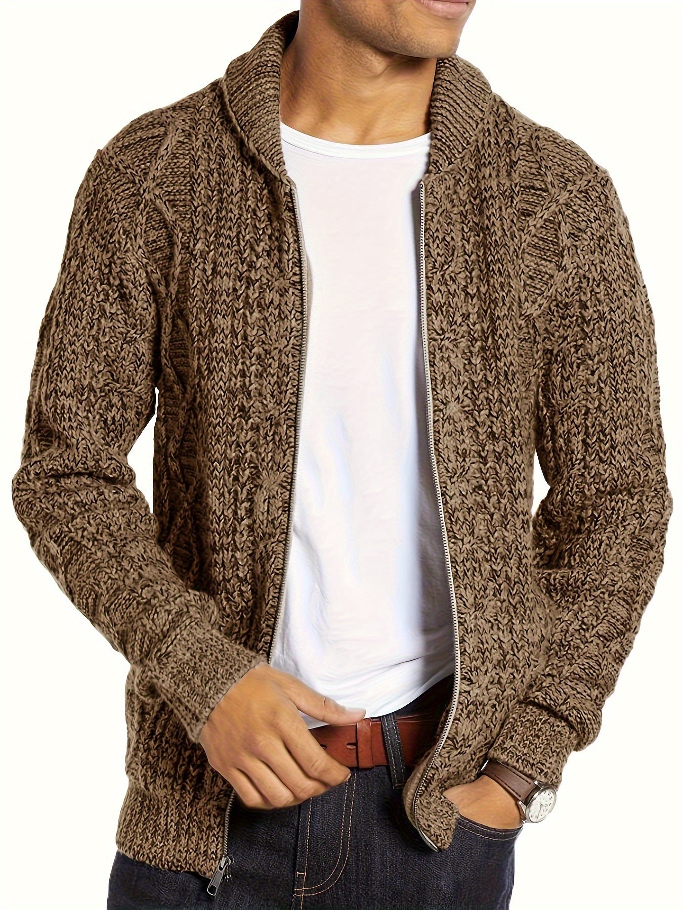 Mens Shawl Neck Cardigan Sweater Cable Knit Zip Up Closure with Pockets Winter Jacket Outerwear