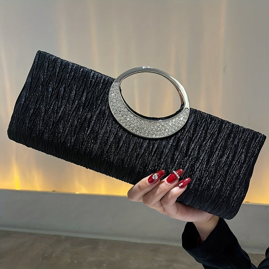 Ruched Satin Evening Bag, Elegant Clutch Purse For Women, Rhinestone Decor Handbags For Party Wedding Prom