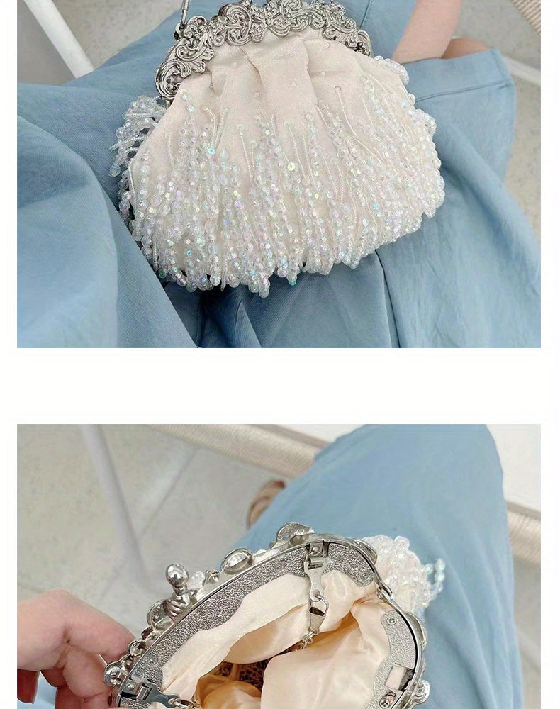 Beaded Crystal Evening Bag For Women, Tassel Decor Kiss Lock Clutch Purse, Elegant Satin Handbags For Wedding Prom Party