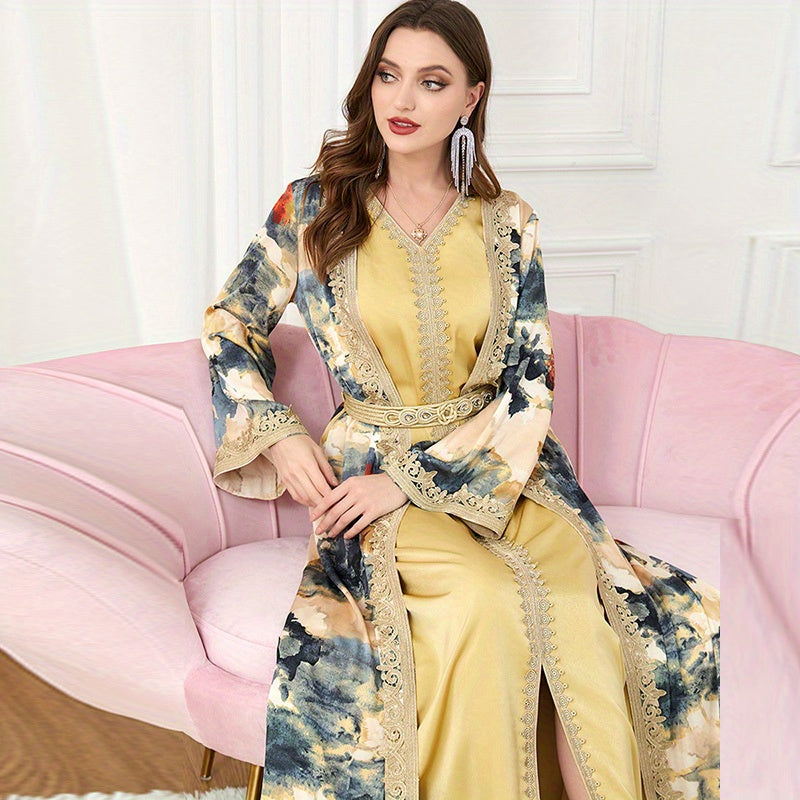 Turkish Kafan Women's Two-Piece Dress Set with V-Neck Satin Painting Kimono for Morocco Dubai Eid Fashion Dress to Show Slimming Temperament for Malaysia Indonesia Pakistan Party Long Robe