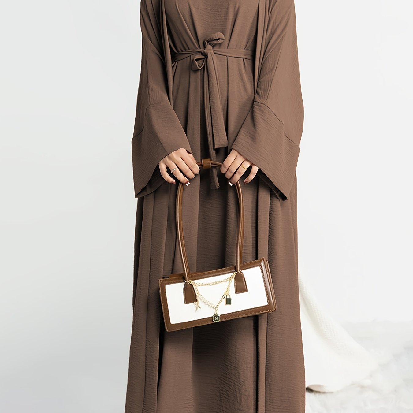 Solid Color Two-piece Dress Set, Sleeveless Crew Neck Belted Dress & Long Sleeve Open Front Robe Outfits, Women's Clothing