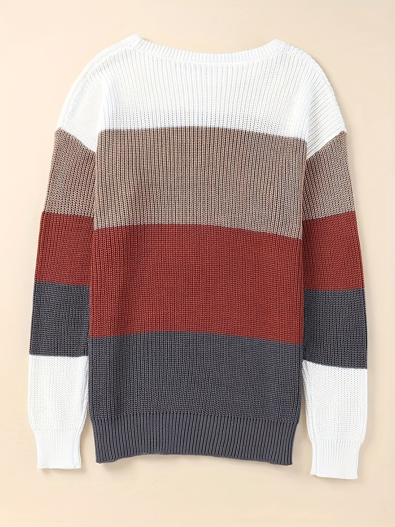 Striped Pattern Knitwear Tops, Crew Neck Long Sleeve Pullover Sweaters, Color Block Shirts, Women's Clothing