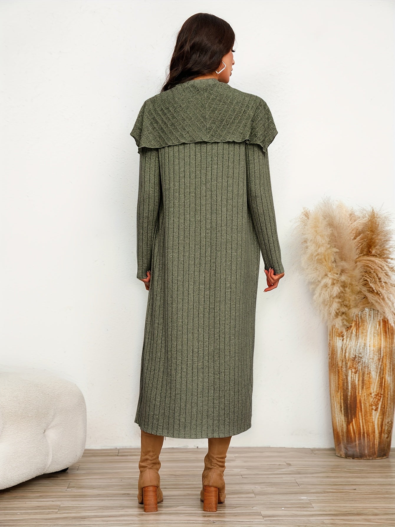 Chic Ribbed Two-piece Dress Set - Solid Color Sleeveless Tank & Ruffle-Trim Long Sleeve Cardigan - Womens Casual to Dressy Outfit