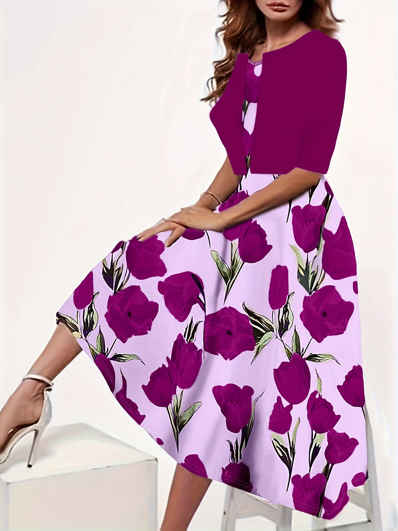 Plus Size Floral Print Two-piece Dress Set, V Neck Sleeveless Dress & Half Sleeve Open Front Top Outfits, Women's Plus Size Clothing