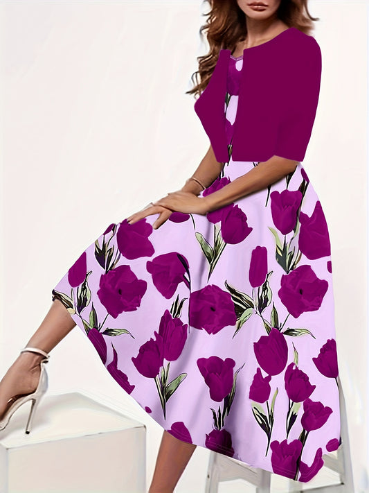 Plus Size Floral Print Two-piece Dress Set, V Neck Sleeveless Dress & Half Sleeve Open Front Top Outfits, Women's Plus Size Clothing