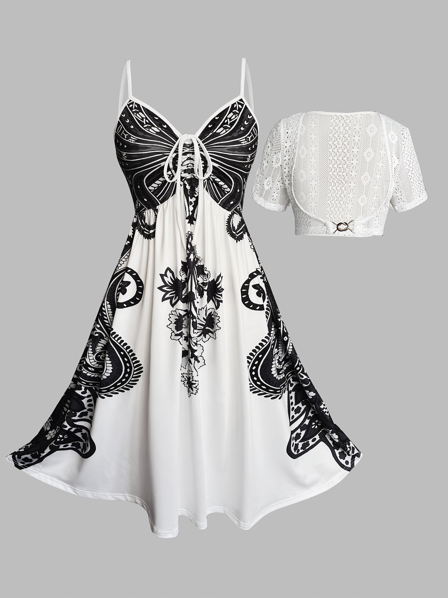 Vacation Ethnic Positioning Print Strap Skirt with Crochet Hollow Lace Short Outerwear Dress Two-Piece Set, Totem Print Vacation Two-Piece Dress Set, Spring and Summer Wearable Dress Two-Piece Set