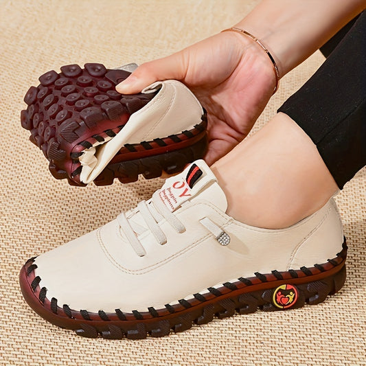 Women's Beige & Burgundy Round-Toe Casual Shoes - All-Season Synthetic Cover-like Upper with Cushioned PVC Sole, Round-Toe Walking Shoes for Square Dance, Dance Practice, Daily Wear - Comfortable Dress Footwear (Hand Washable
