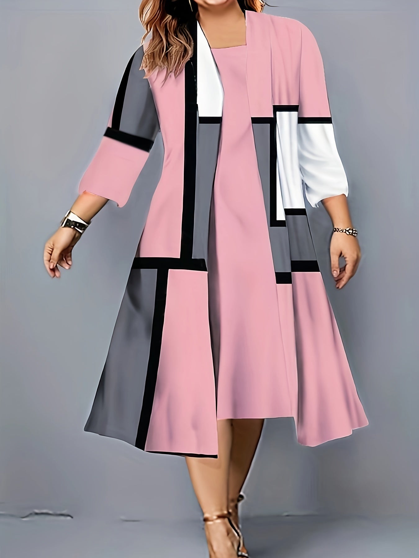Plus Size Geometric Print Two-piece Dress Set, Crew Neck Tank Dress & 3/4 Sleeve Open Front Top Outfits, Women's Plus Size Clothing