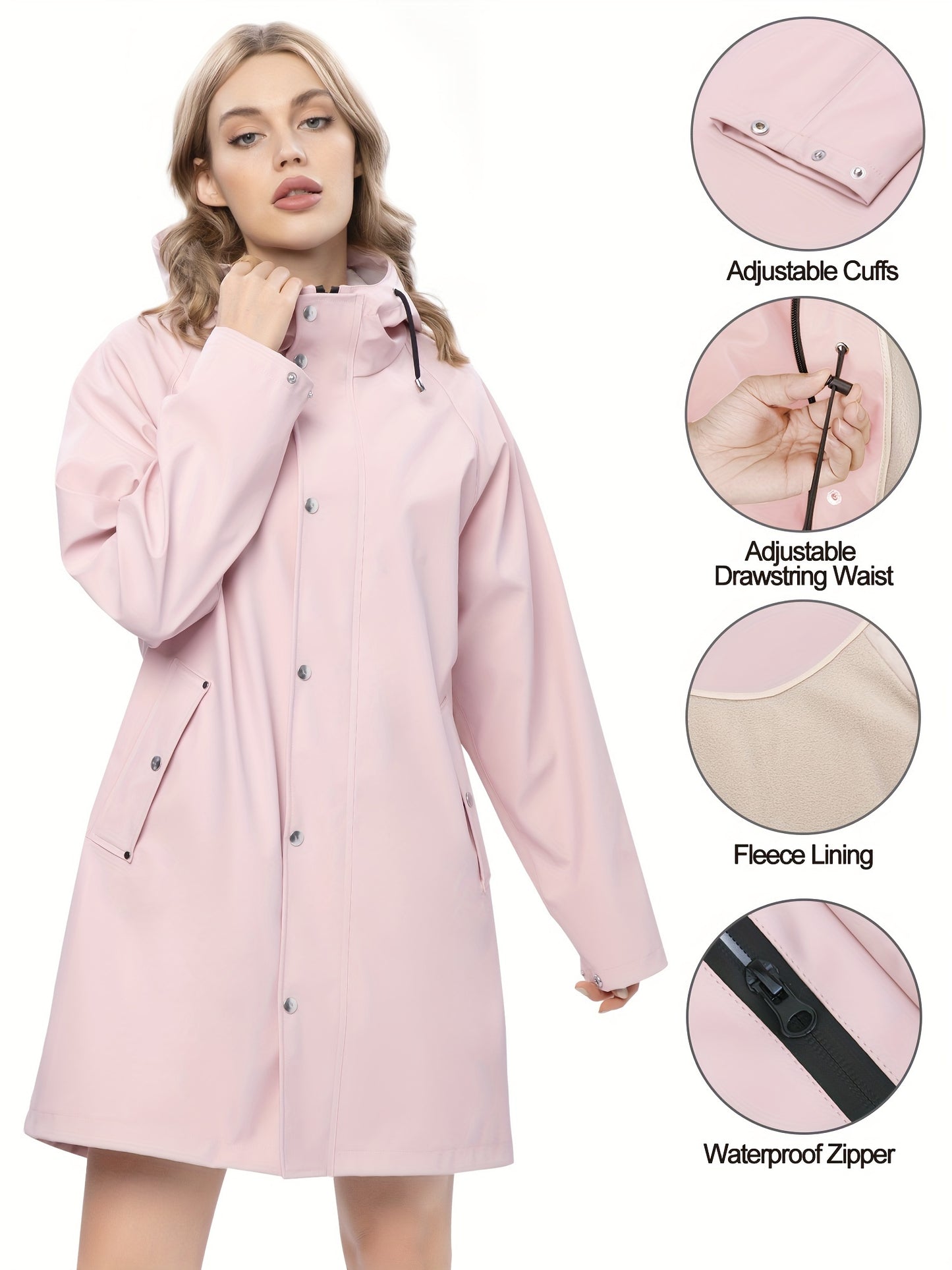 Women's Winter Jacket Raincoat With Fleece Lining, Casual Style, Waterproof, Adjustable Cuffs & Drawstring Waist, Thermal Reflective Fabric, Breathable Hooded Outerwear
