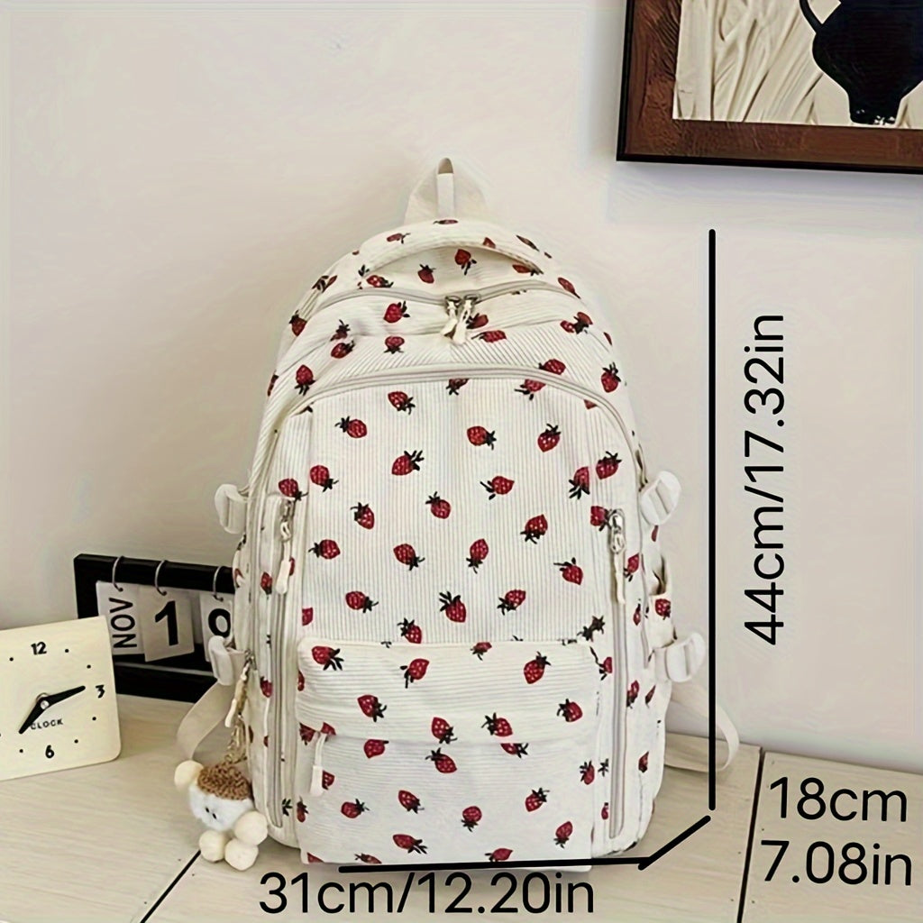 Women's Floral & Ladybug Print Backpack with Plush Fleece Lining - Adjustable Strap, Soft Shell School Backpack with Heart Cutouts & Pom-Pom Charm, Beige & Red Design, Zipper Closure, Lining & Fleece Exterior for Casual, Coll
