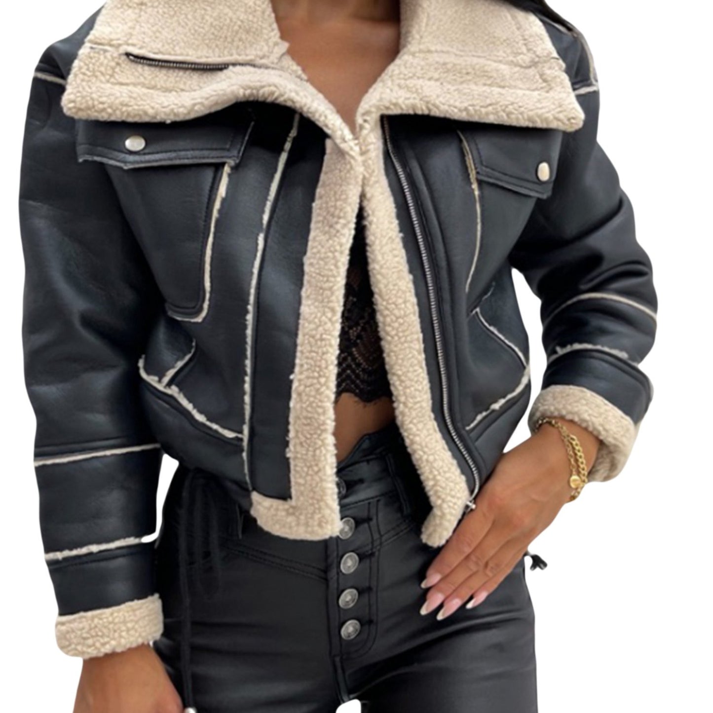 Women Winter Jacket, Long Sleeve Zipper Closure Patchwork Warm Outwear with Pockets