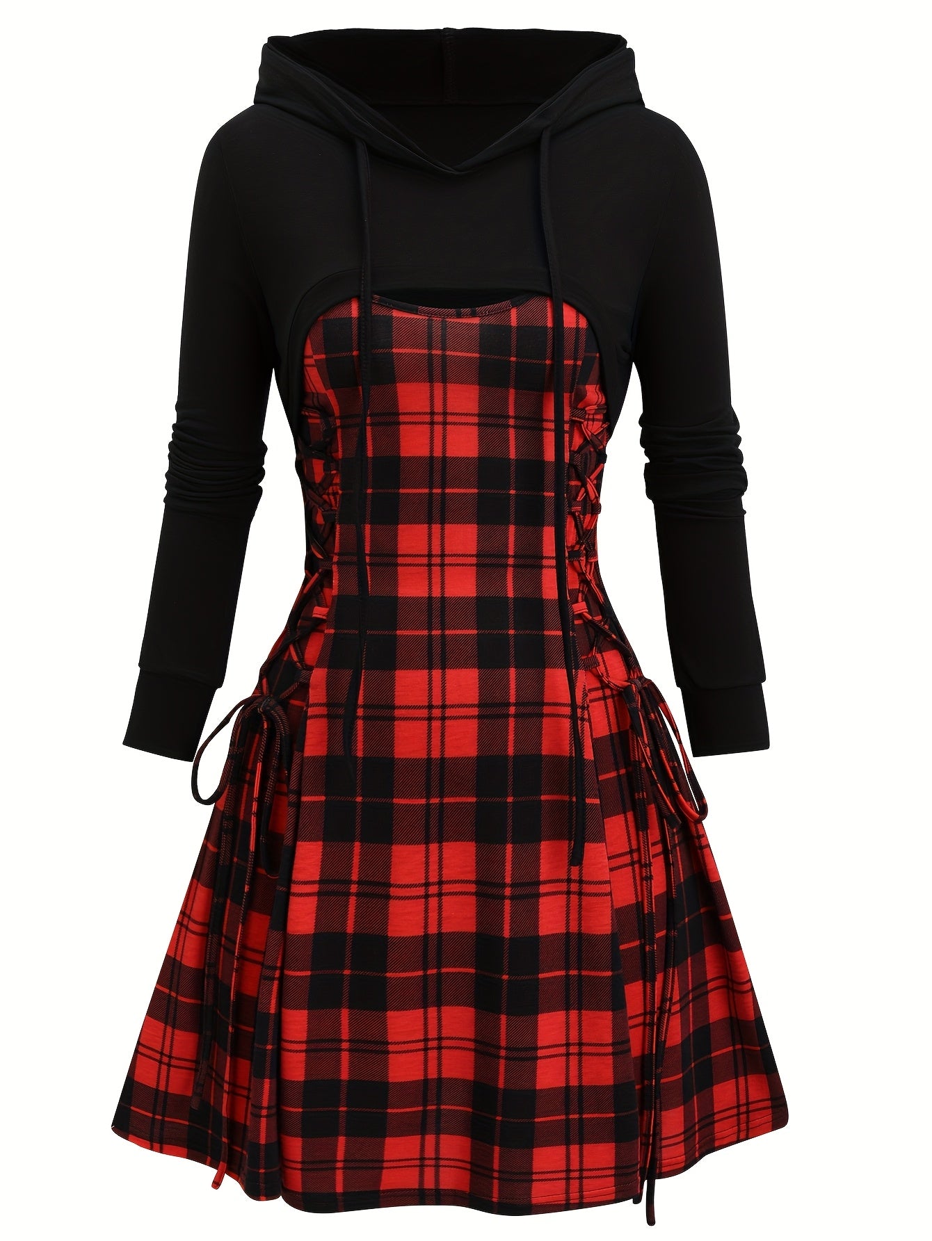 Casual Vintage Plaid Digital Print Long-Sleeve Two-Piece Dress.