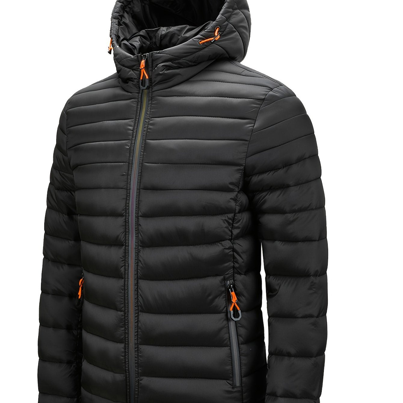 Men's Lightweight Nylon Winter Jacket - Casual Green Hooded Coat with Colorful Zipper Pockets, Warm Quilted Design, Long Sleeves, Non-Stretch Fabric for Casual Attire, Everyday Jacket|Hooded Quilted Coat|Nylon Quilted Jacket