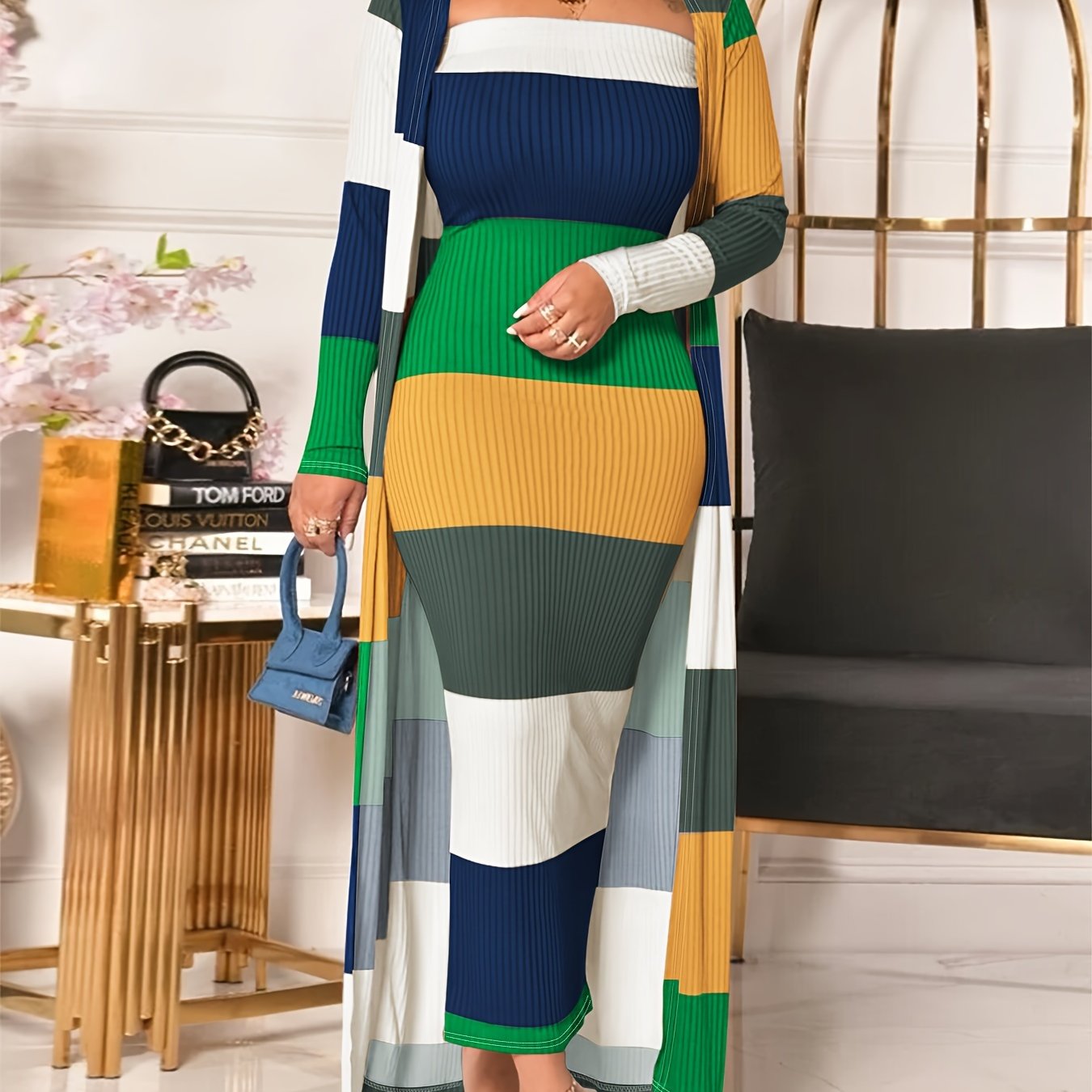 Stripe Print Two-piece Dress Set, Sleeveless Tube Dress & Open Front Long Sleeve Cardigan Outfits, Women's Clothing