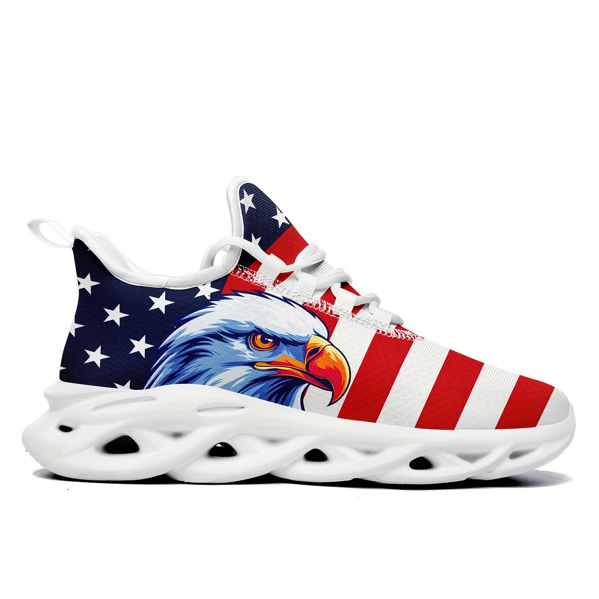 Women's American Flag & Eagle Patriotic Sneakers - Red White &  Low-Top Sneakers with Arch, Cushioned Sole, All-Season Comfort - Ideal for Casual, Sports & 4th of July Events - Breathable Mesh & Lace-Up Closure - Lightweight