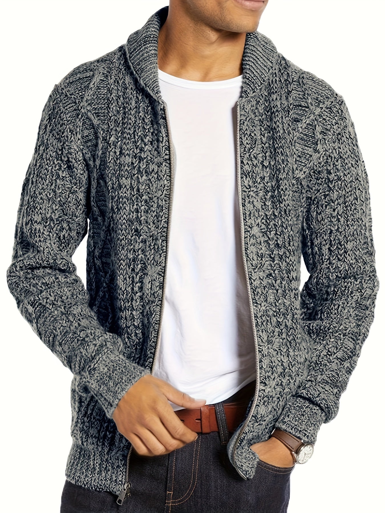 Mens Shawl Neck Cardigan Sweater Cable Knit Zip Up Closure with Pockets Winter Jacket Outerwear