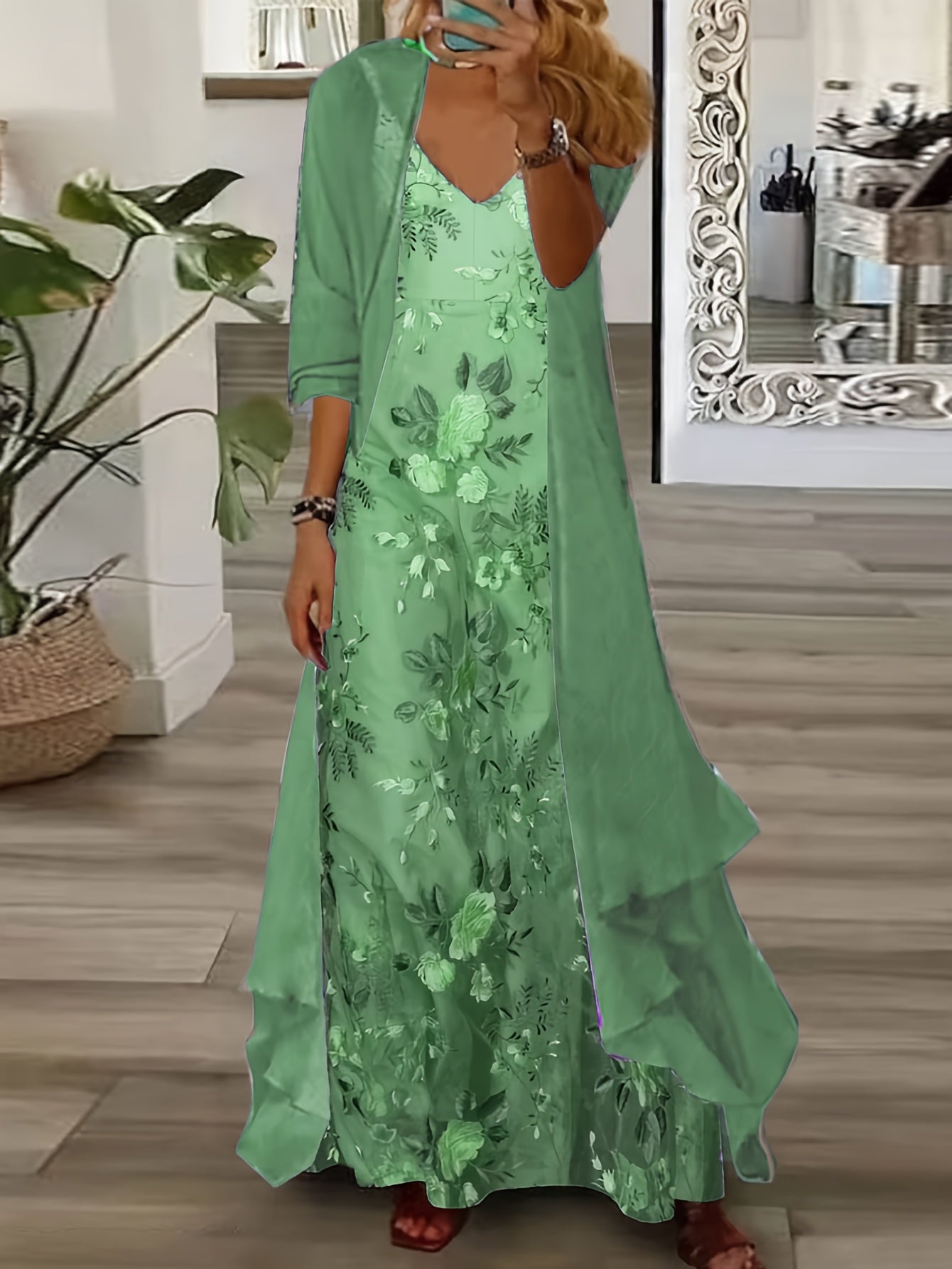 Women's Dress Set Two-Piece Dress Extra Long Dress 3/4 Sleeve Floral Print Halter Dress