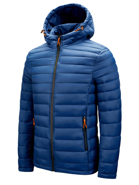 Men's Lightweight Nylon Winter Jacket - Casual Green Hooded Coat with Colorful Zipper Pockets, Warm Quilted Design, Long Sleeves, Non-Stretch Fabric for Casual Attire, Everyday Jacket|Hooded Quilted Coat|Nylon Quilted Jacket