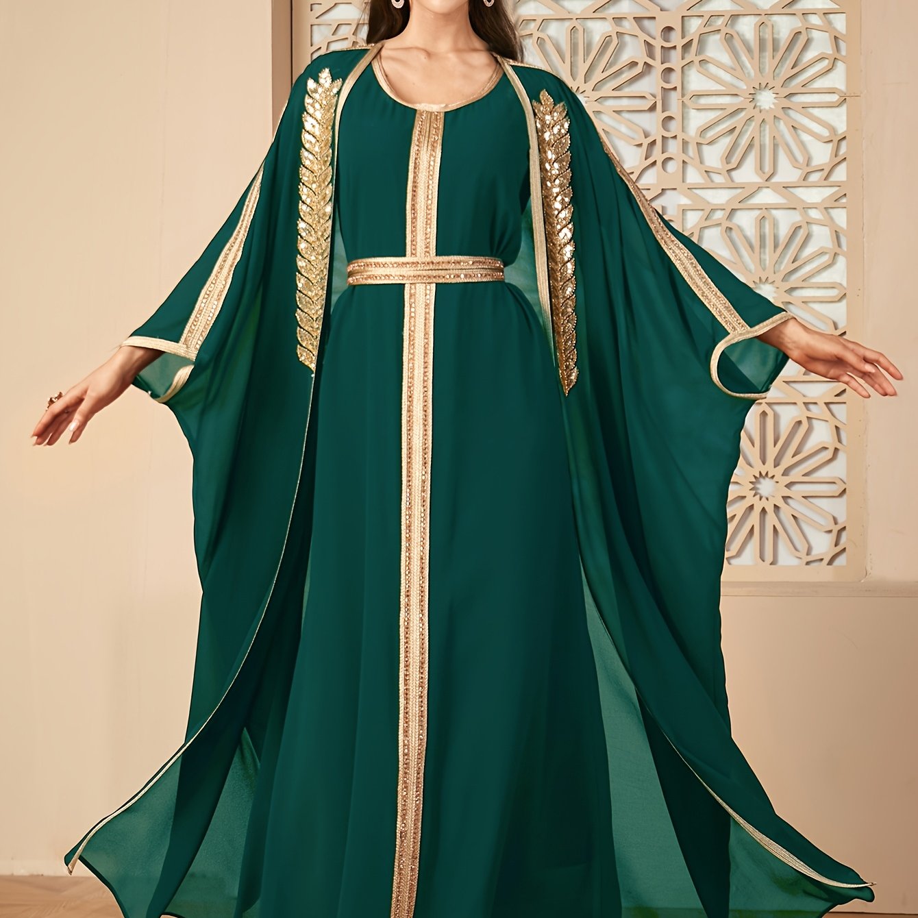 【Targeted】Middle East New Arrival Vest Dress + Open Cardigan Sequin Paneled Webbing Batwing Sleeve Long Robe Two-Piece Dress Set