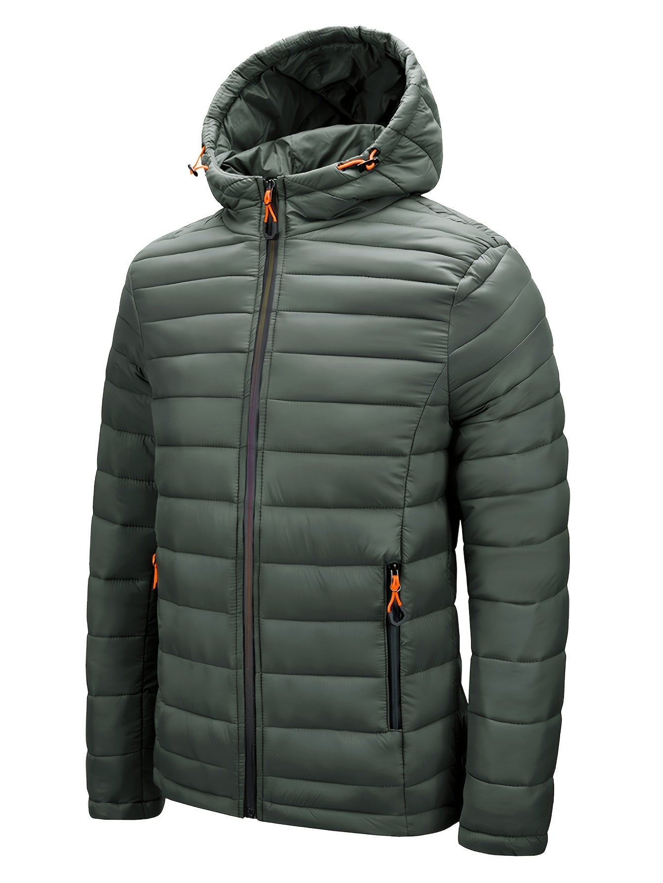 Men's Lightweight Nylon Winter Jacket - Casual Green Hooded Coat with Colorful Zipper Pockets, Warm Quilted Design, Long Sleeves, Non-Stretch Fabric for Casual Attire, Everyday Jacket|Hooded Quilted Coat|Nylon Quilted Jacket