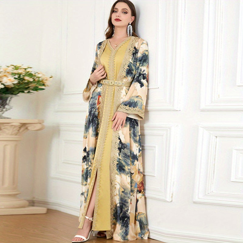 Turkish Kafan Women's Two-Piece Dress Set with V-Neck Satin Painting Kimono for Morocco Dubai Eid Fashion Dress to Show Slimming Temperament for Malaysia Indonesia Pakistan Party Long Robe