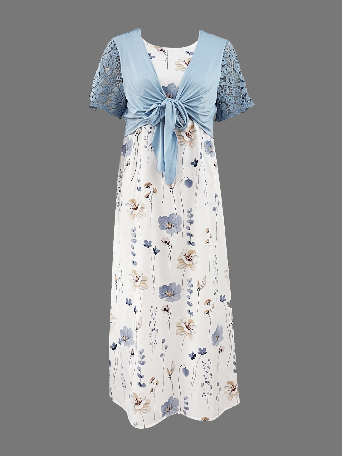 Casual Slim Two-piece Dress Set, Solid Contrast Lace Short Sleeve Knotted Front Top & Floral Print Sleeveless Crew Neck Dress Outfits, Women's Clothing