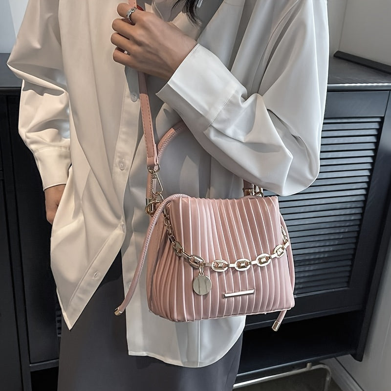 Elegant White Pleated Bucket Bag for Women – Chic Summer Crossbody Shoulder Handbag with Golden-Tone Hardware & Braided Handle, Versatile All-Match Design, Ladies Handbags