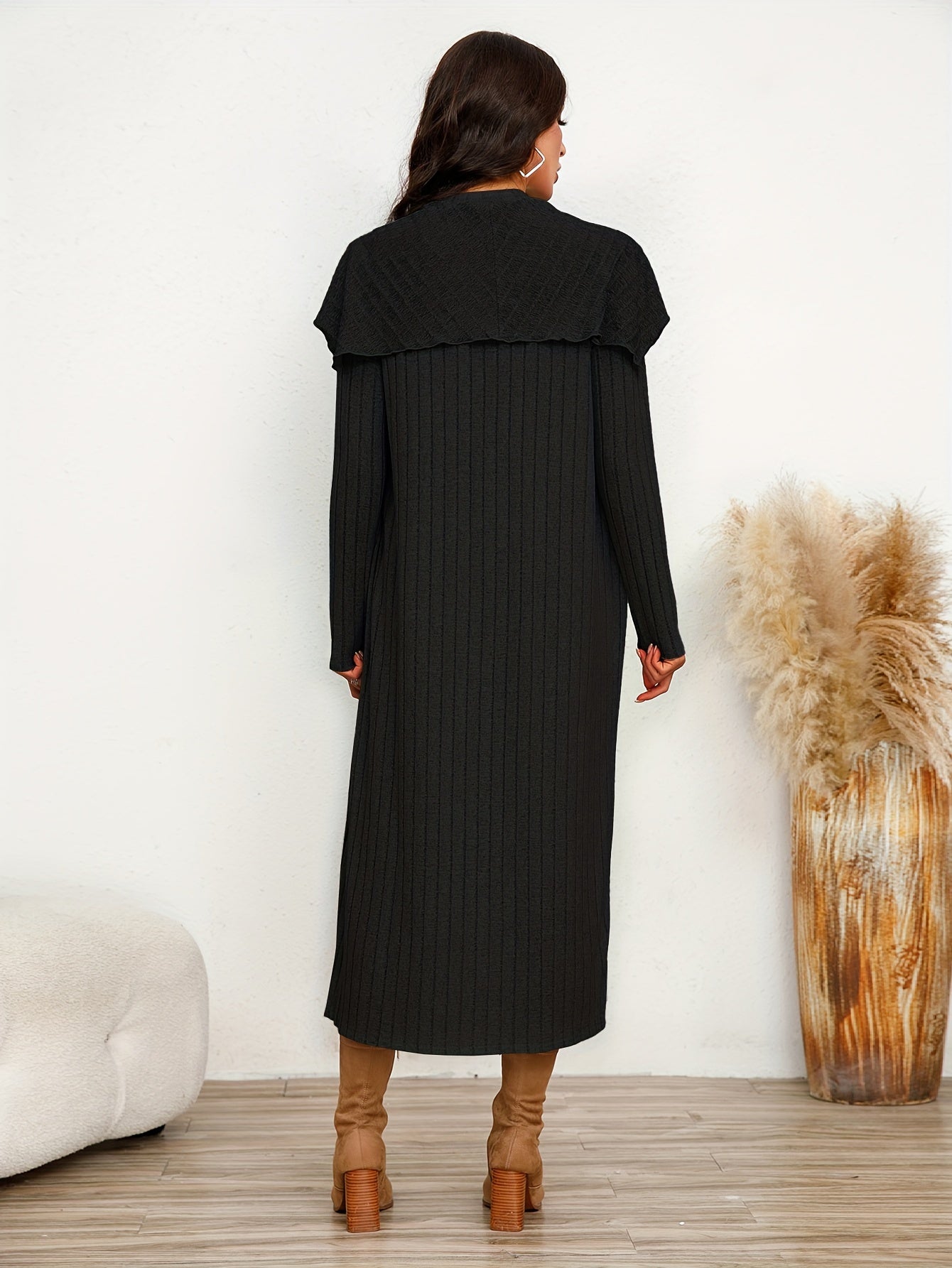 Chic Ribbed Two-piece Dress Set - Solid Color Sleeveless Tank & Ruffle-Trim Long Sleeve Cardigan - Womens Casual to Dressy Outfit