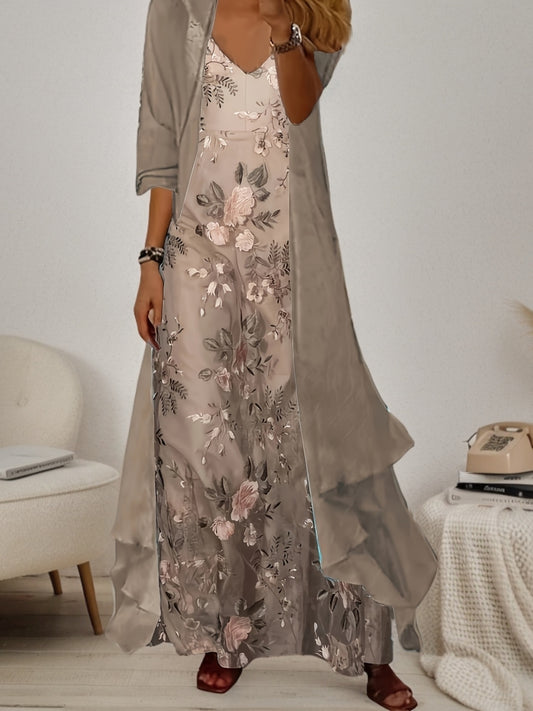 Women's Dress Set Two-Piece Dress Extra Long Dress 3/4 Sleeve Floral Print Halter Dress