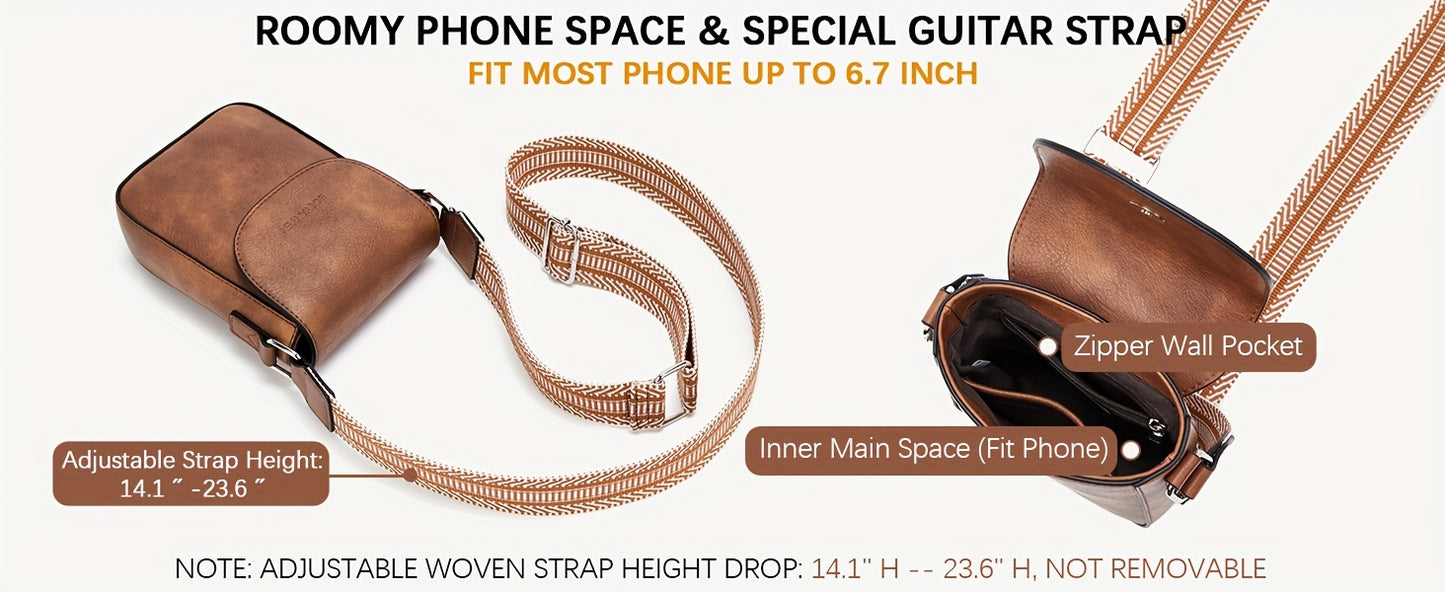 Small Crossbody Phone Wallet Purses - Adjustable Guitar Strap, Magnetic Closure, PU Leather, Lined Interior - Trendy Casual Handbags for Women