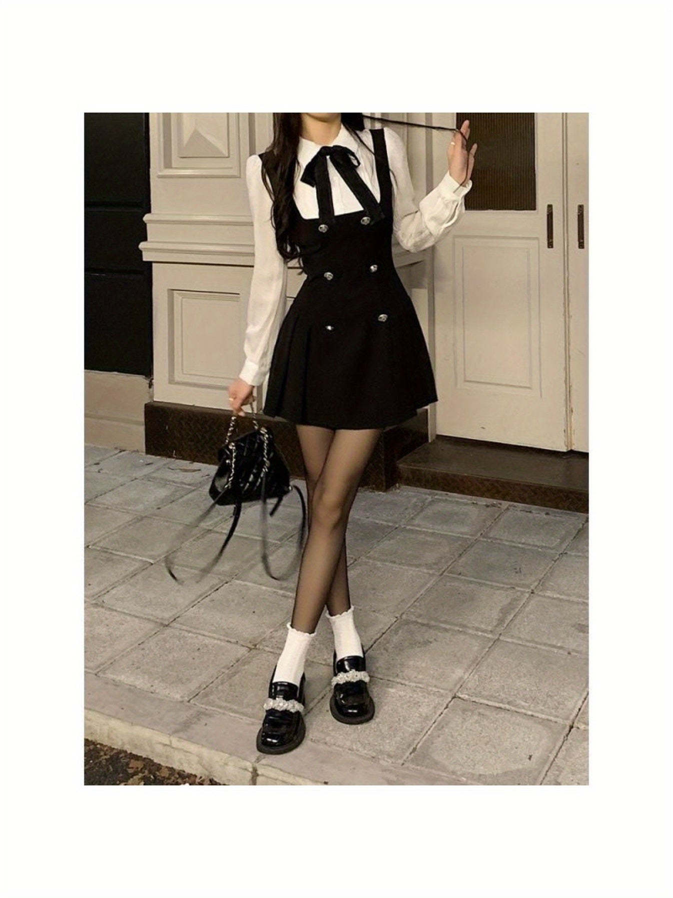An elegant double-breasted A-line hem color clashing fake two-piece dress, bow tie neckline long-sleeved shirt dress, the fabric is comfortable, suitable for spring and autumn daily wear for various occasions, Women's clothin