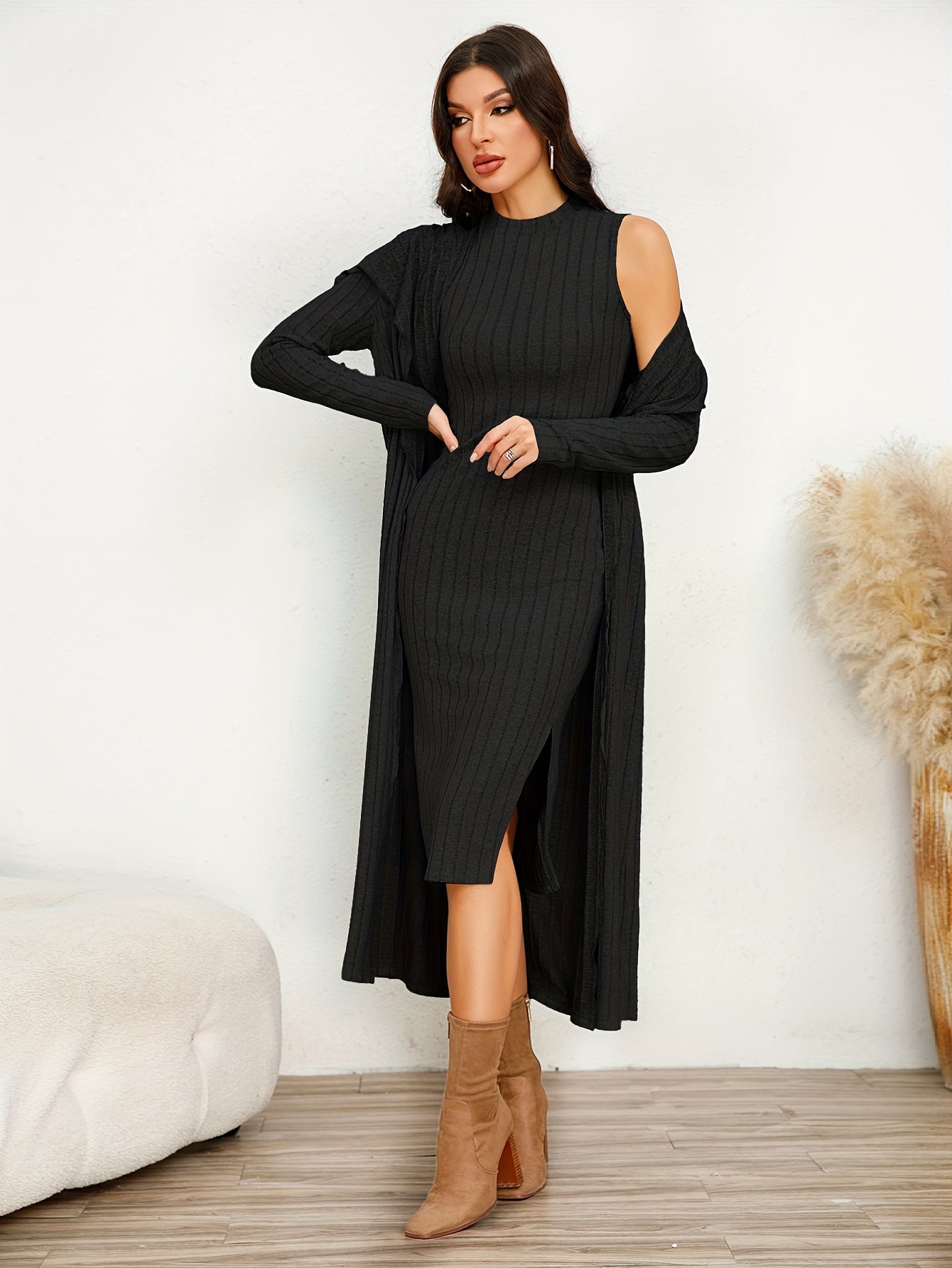 Chic Ribbed Two-piece Dress Set - Solid Color Sleeveless Tank & Ruffle-Trim Long Sleeve Cardigan - Womens Casual to Dressy Outfit