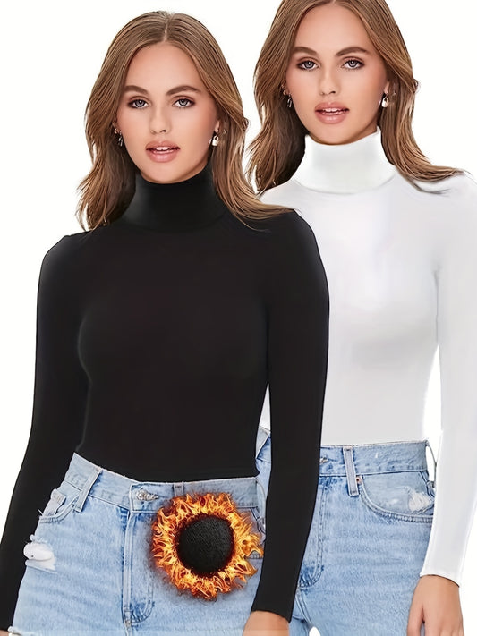 2-Pack Women'S Warm High Neck Turtleneck Long Sleeve Shirts, Casual Solid Color Knit Fabric Tops, Polyester 90% Spandex 10%, Regular Length for Fall/Winter